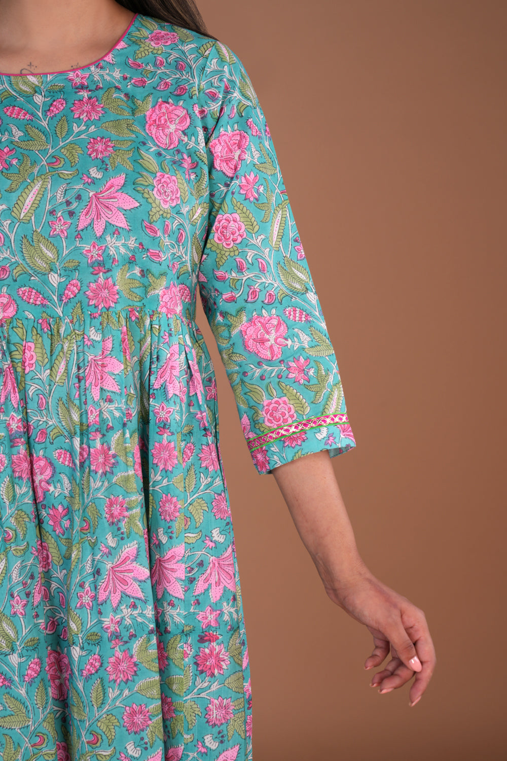Image of Green Floral hand block printed pure cotton long kurta